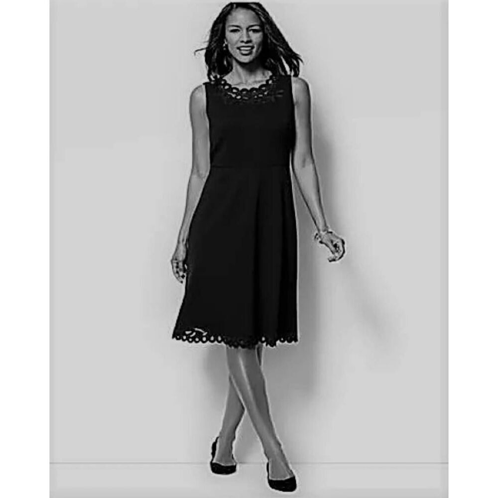 Talbots Fit and Flare Black Ponte Knit Dress with embroidered scallop neckline a